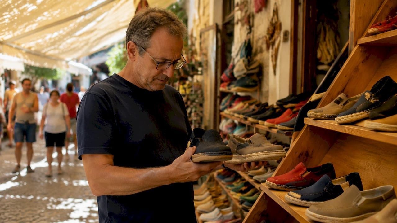 Man comparing EU and US shoe sizes in store