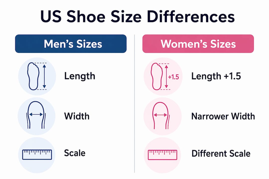 Infographic contrasting men's and women's US shoe sizes