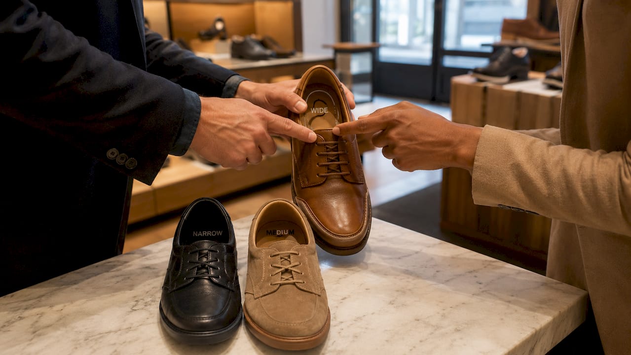 Hands examining shoe width codes on shoes