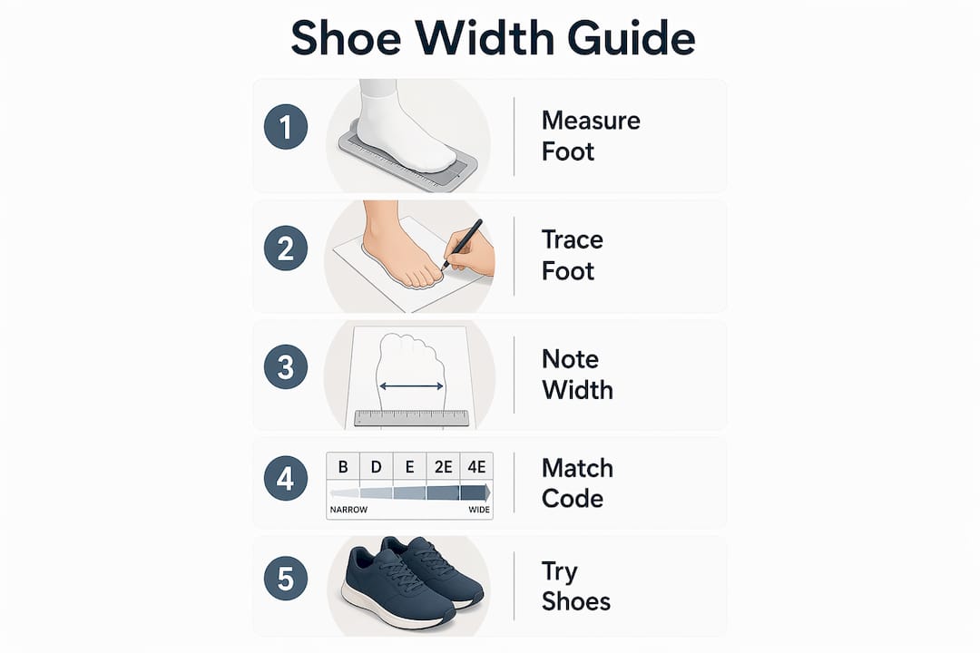 Infographic showing steps to measure and use shoe width chart
