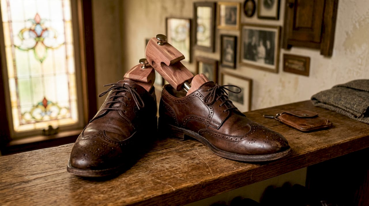 Cedar shoe trees inside leather shoes