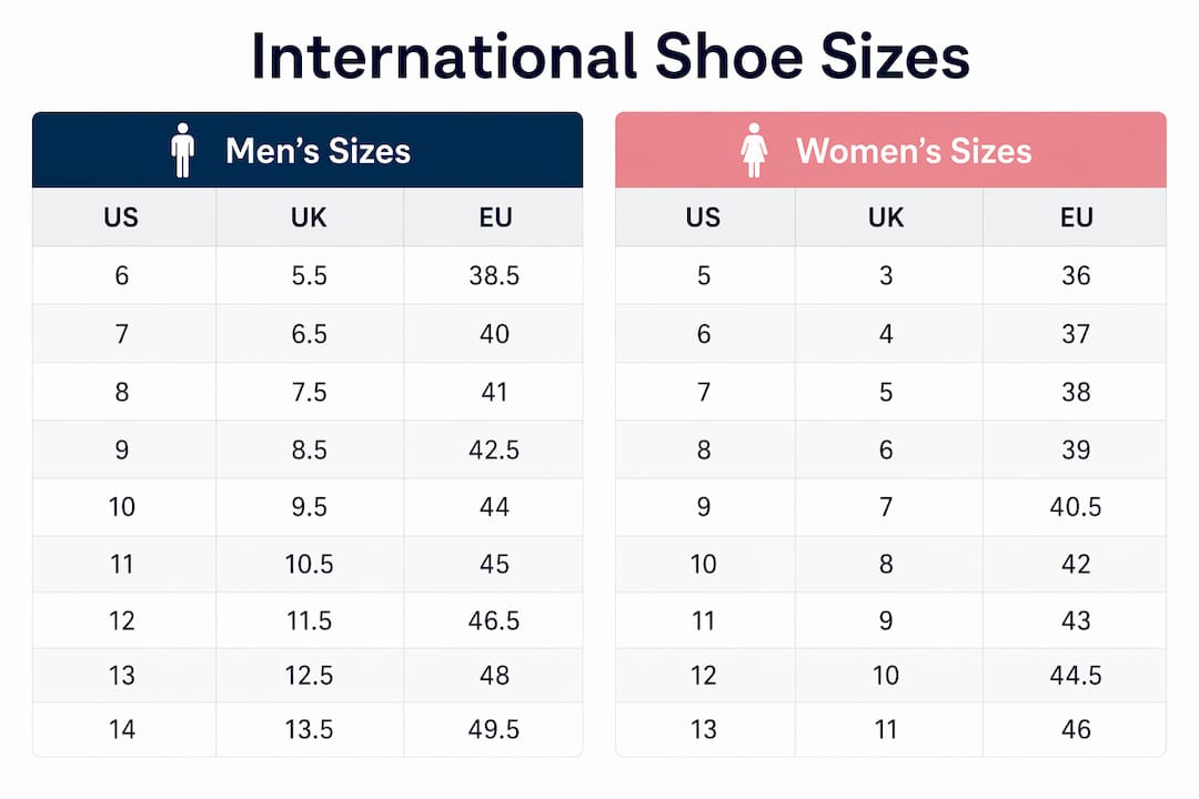 Infographic comparing men's and women's international shoe sizes