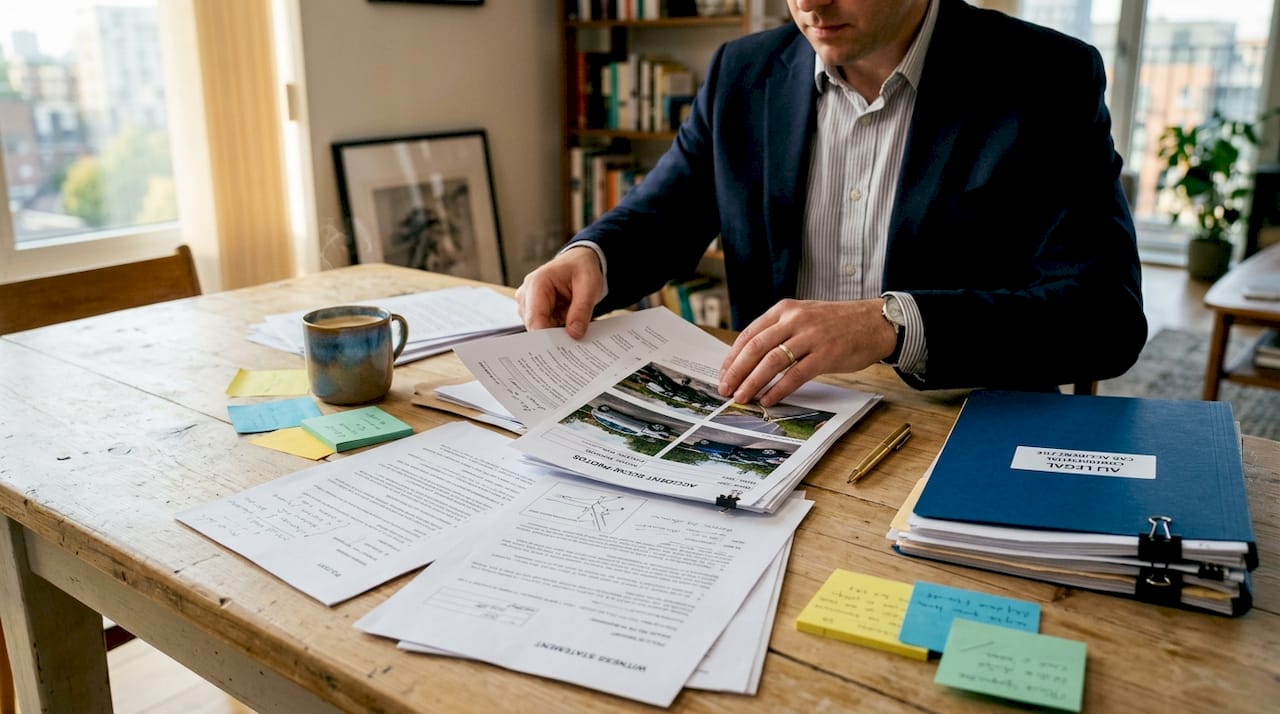 Hands organizing car accident evidence documents