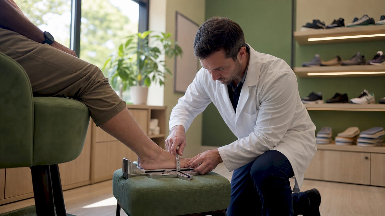 Podiatrist measuring foot for ergonomic shoe fitting