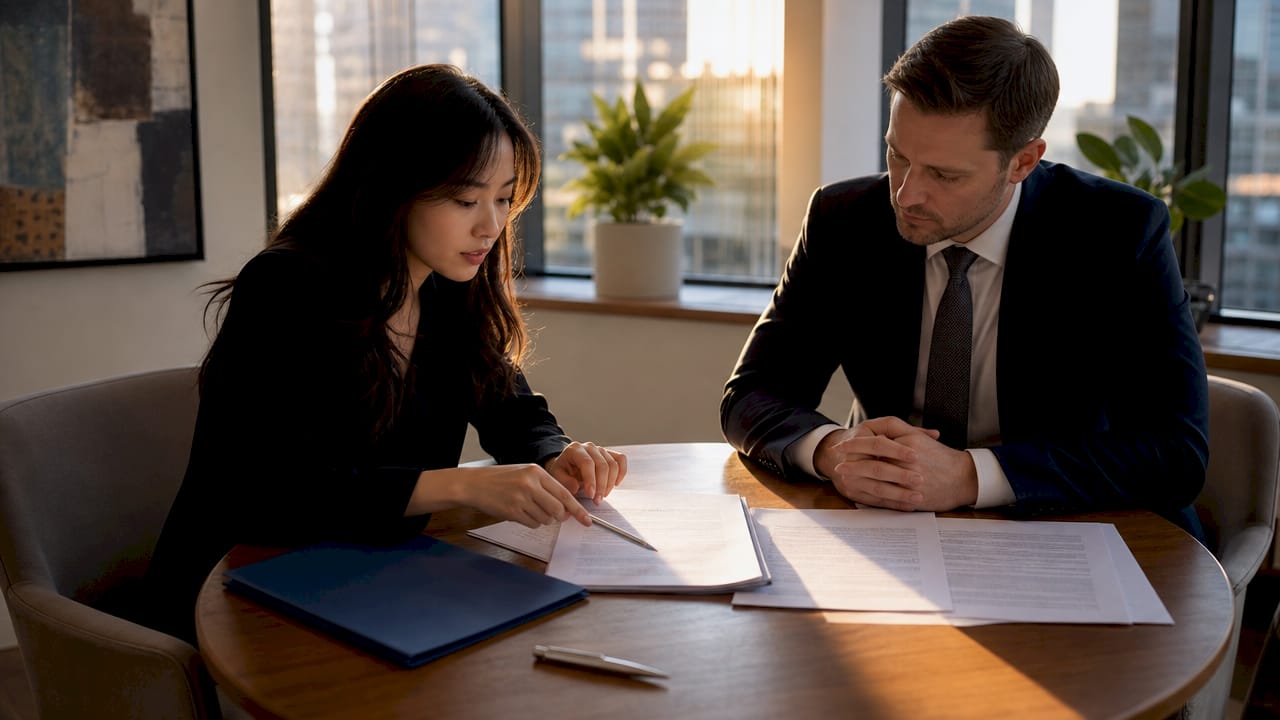 Hands negotiating corporate contract terms