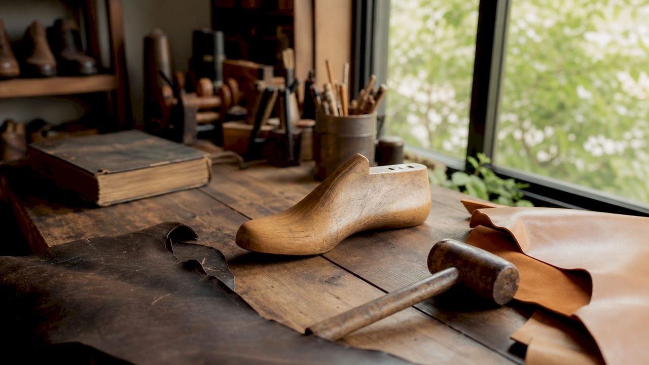 Wooden shoe last with cobbler tools in workshop