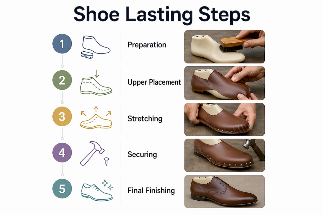 Infographic showing the 5 main steps of shoe lasting process