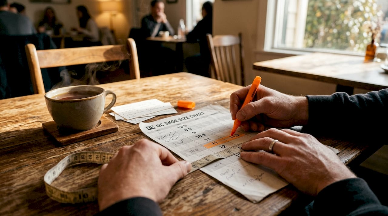 Overhead view hands pointing at DC shoe size chart with tape measure