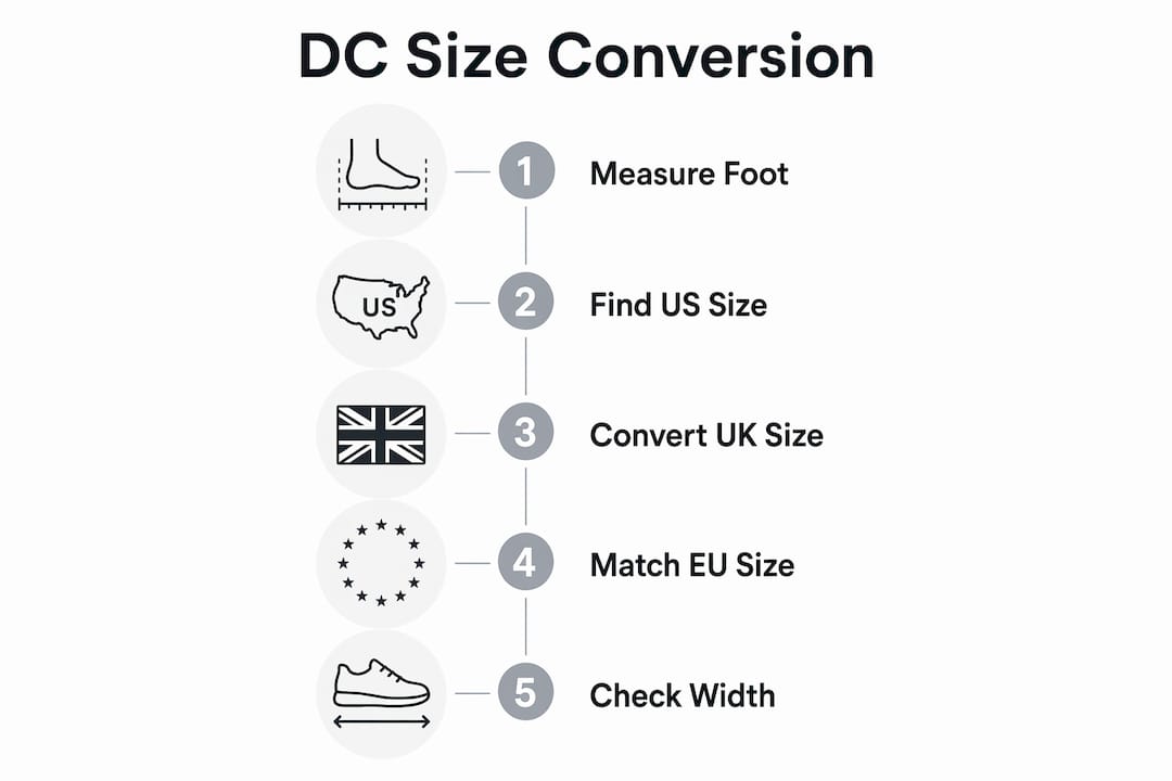 Infographic showing DC shoe size conversion steps