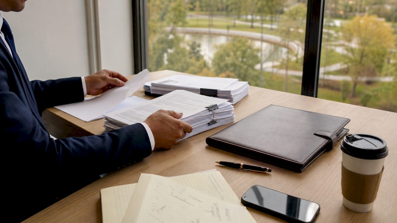 Hands organizing discovery documents at lawyer's desk