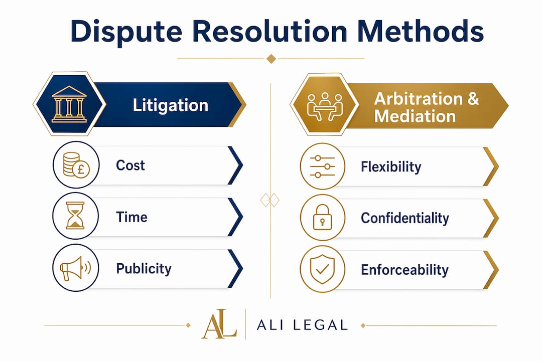 Infographic comparing litigation arbitration and mediation