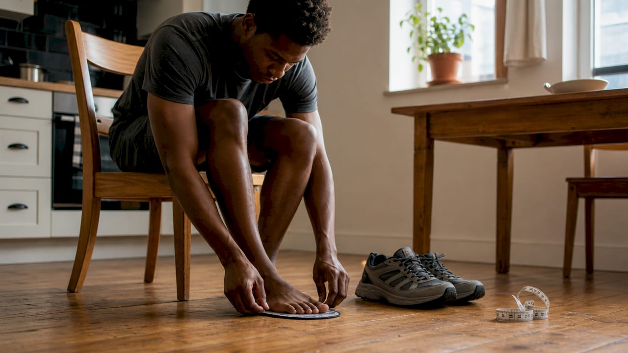 Man measuring foot with shoe insole