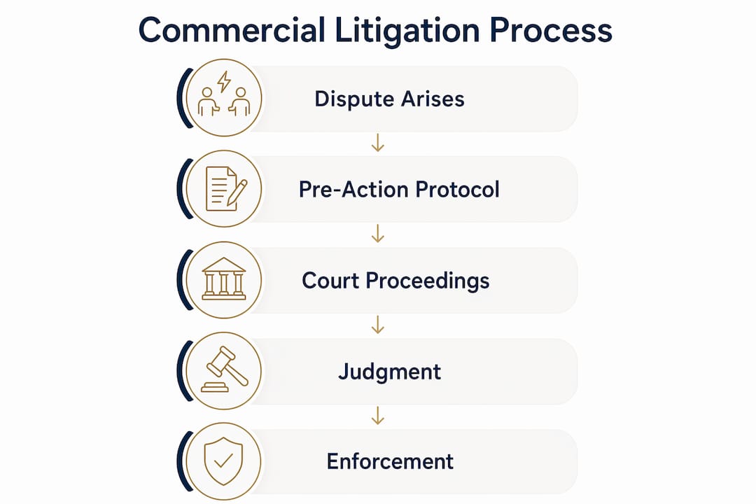 Infographic illustrating commercial litigation process steps