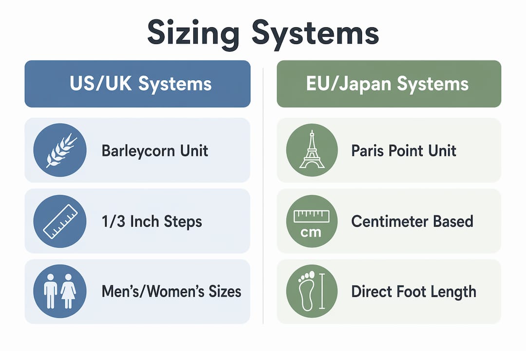 Infographic comparing US/UK and EU/Japanese shoe sizing