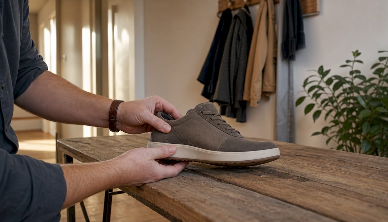 Hands inspecting shoe features at home