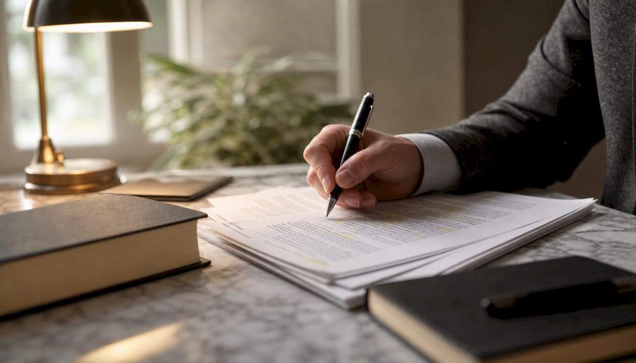Close-up of legal documents and pen on desk