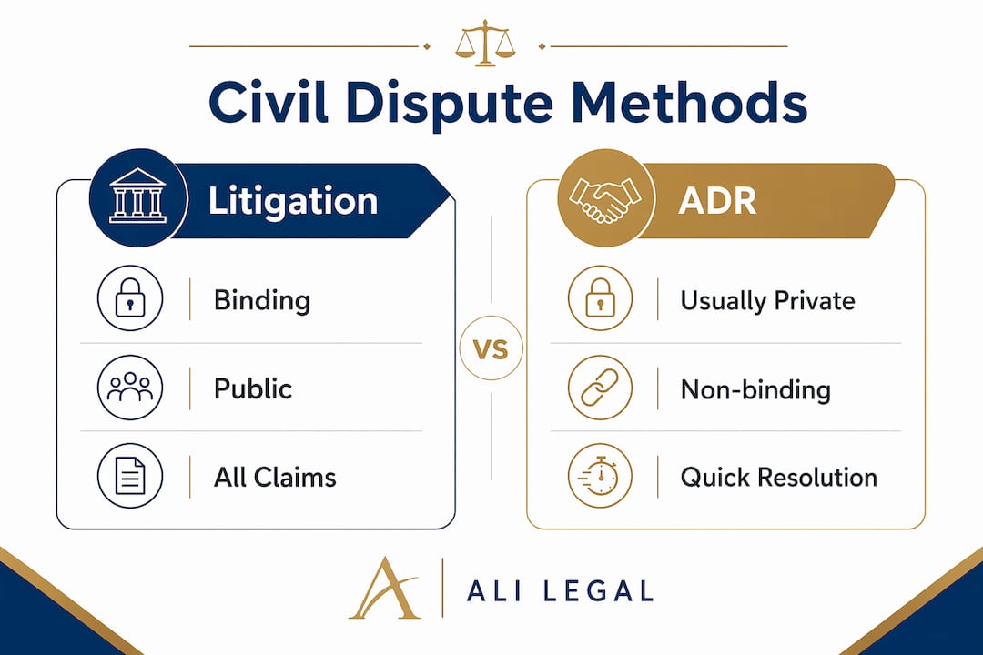 Infographic comparing litigation and ADR methods in civil dispute resolution