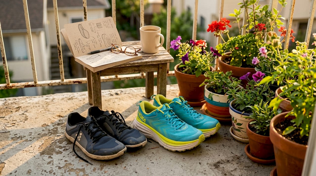 Overhead view of athletic shoes comparison study setup