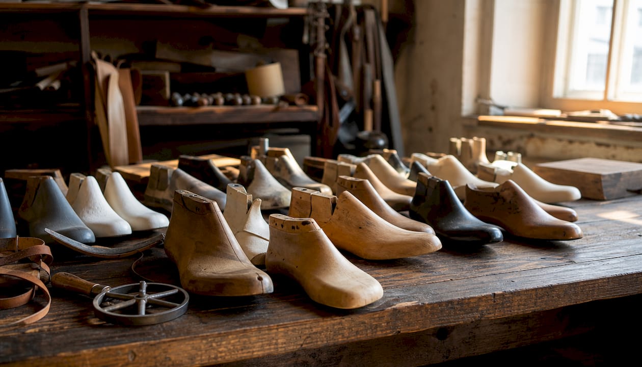 Close-up of various shoe lasts and tools