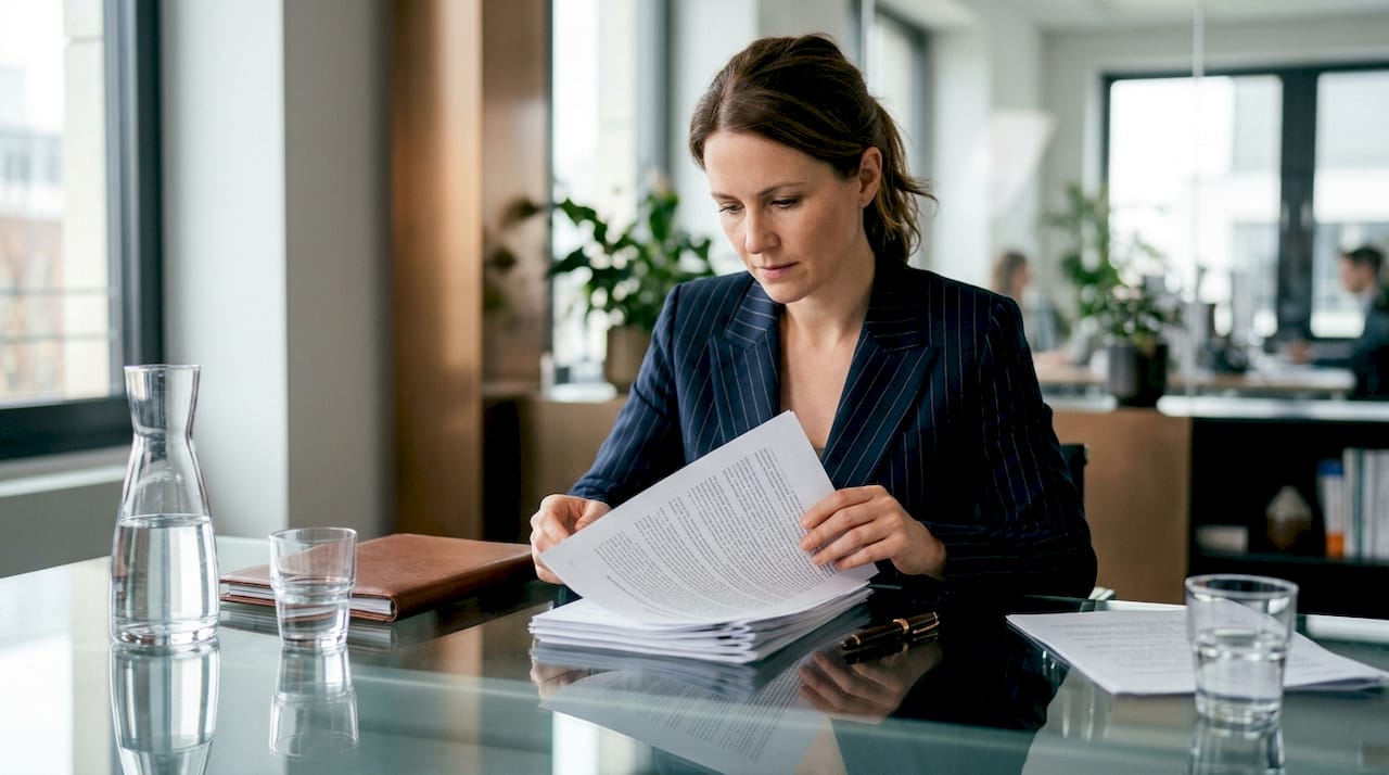 Hands arranging arbitration rule documents in meeting room