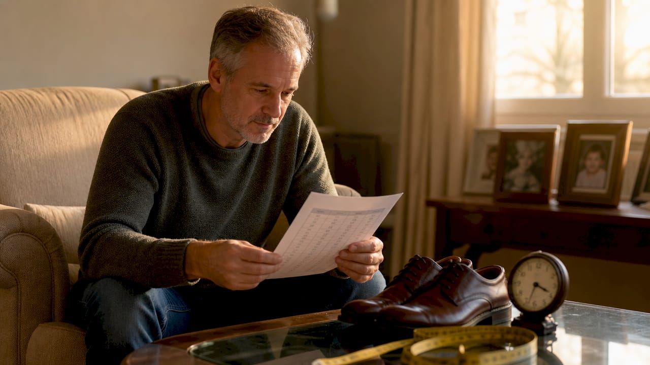 Man comparing shoe size chart at home desk