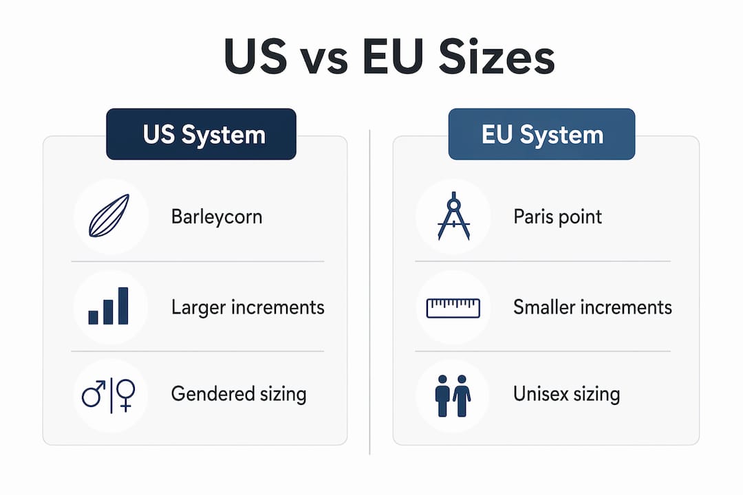 Infographic comparing US and European shoe size systems