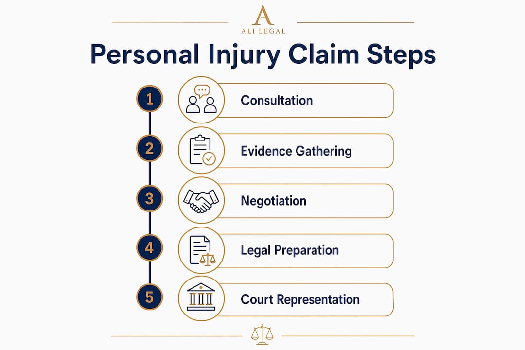 Infographic outlining five steps of personal injury claim process