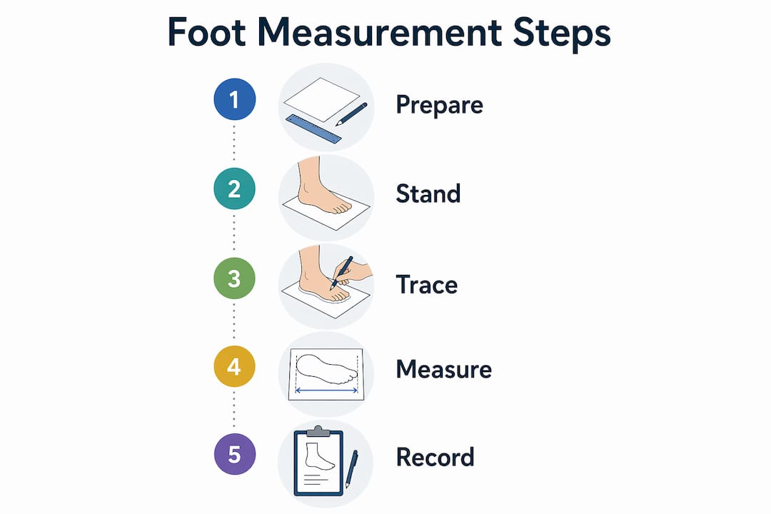 Infographic illustrating steps of measuring foot length accurately