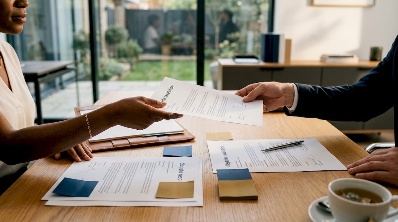 Hands exchanging signed legal dispute documents on table
