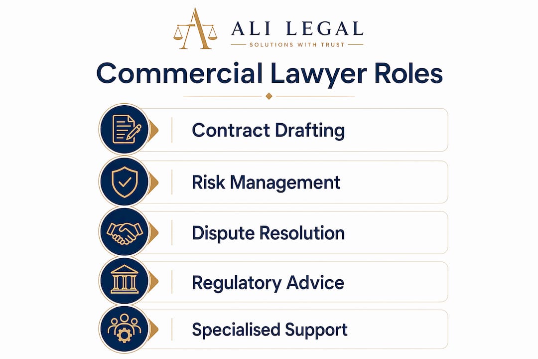 Infographic illustrating main roles of commercial lawyers