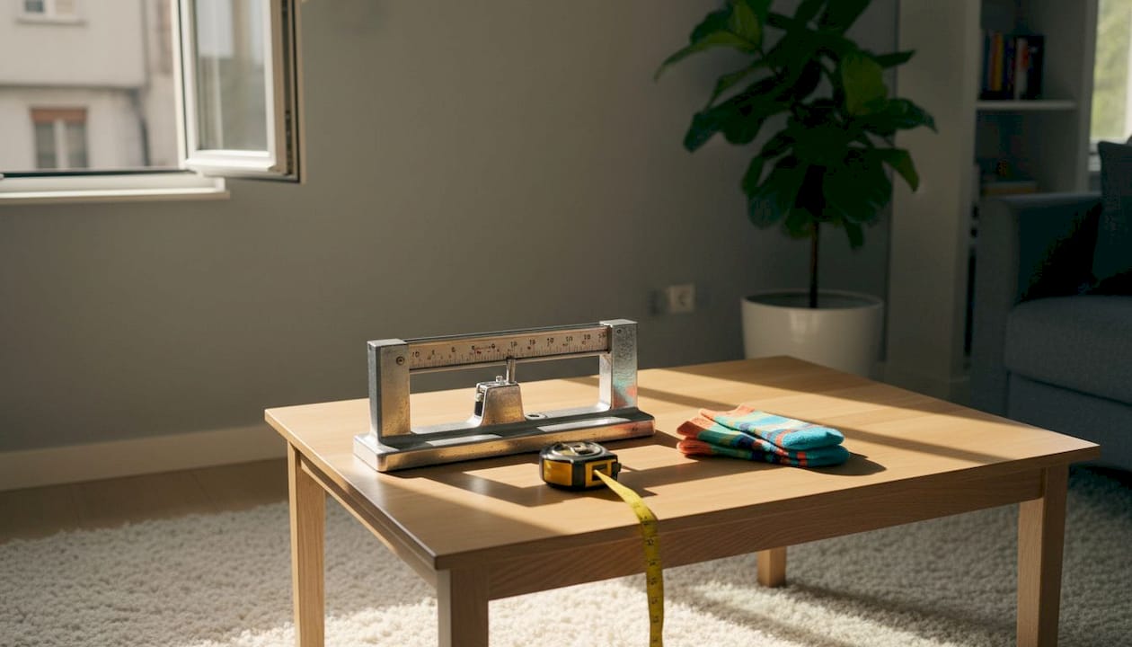 Foot measuring tools on white table