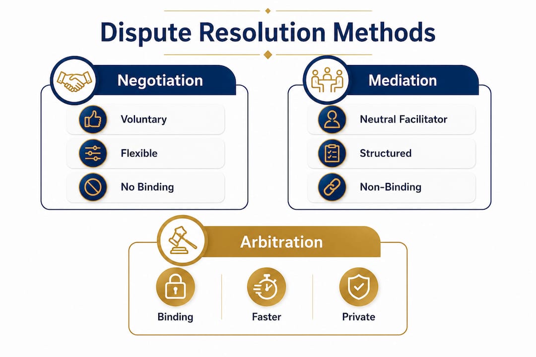 Infographic comparing arbitration, negotiation, and mediation methods