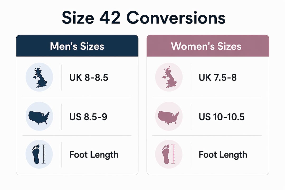 Infographic comparing size 42 shoe conversions for men and women