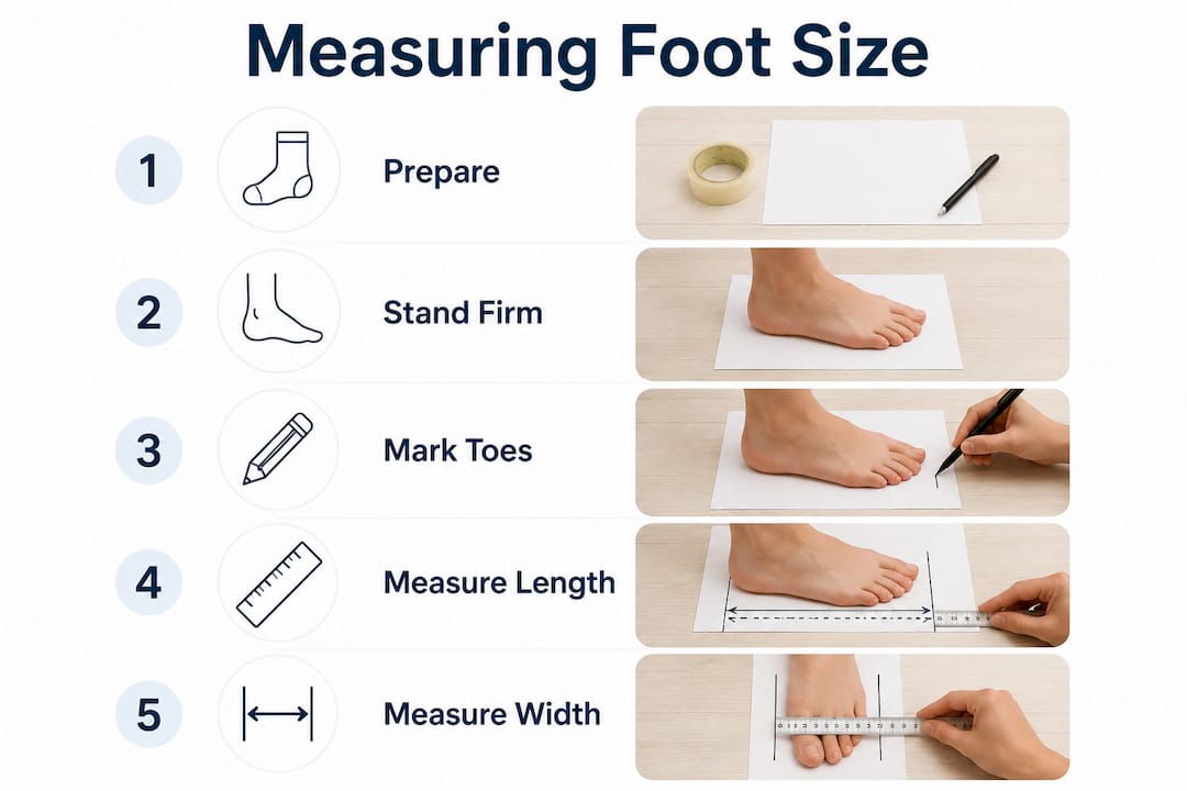 Infographic showing step-by-step foot measurement guide