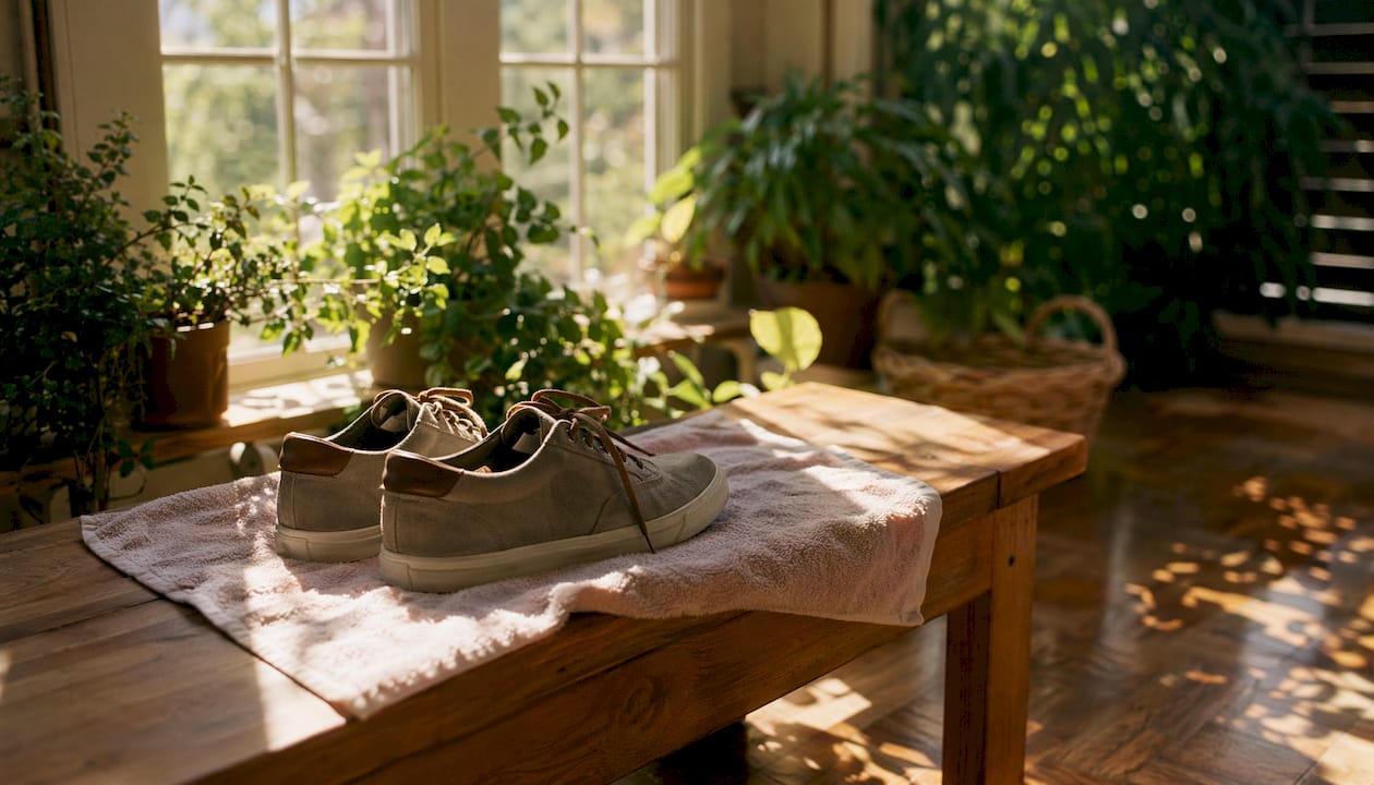 Shoes air drying on wooden rack near window