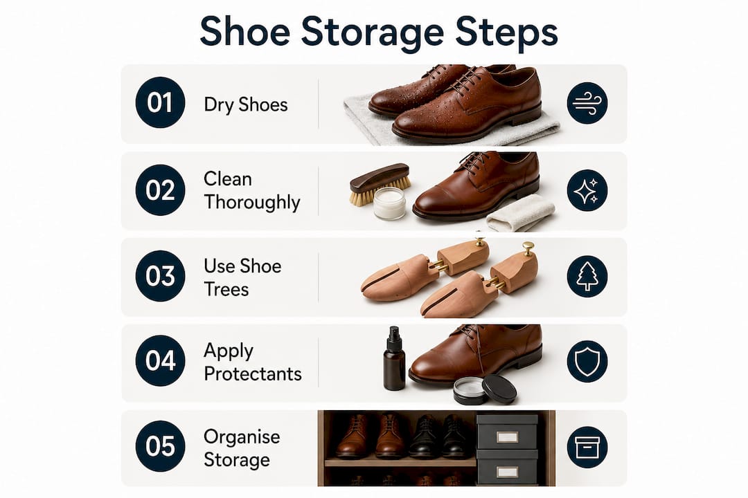 Infographic illustrating five shoe storage preparation steps