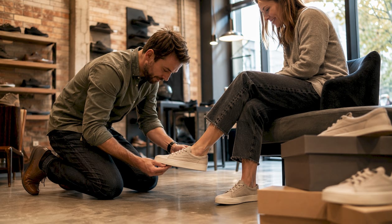 Store assistant fitting size 39 shoe