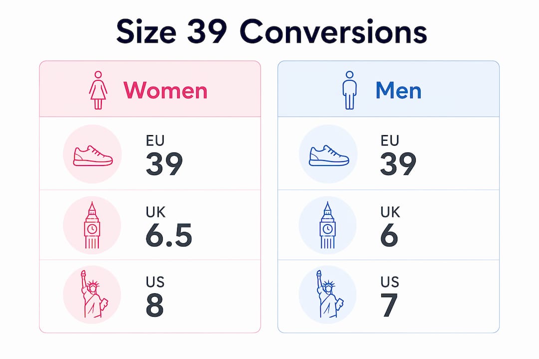 Infographic comparing size 39 shoe conversions