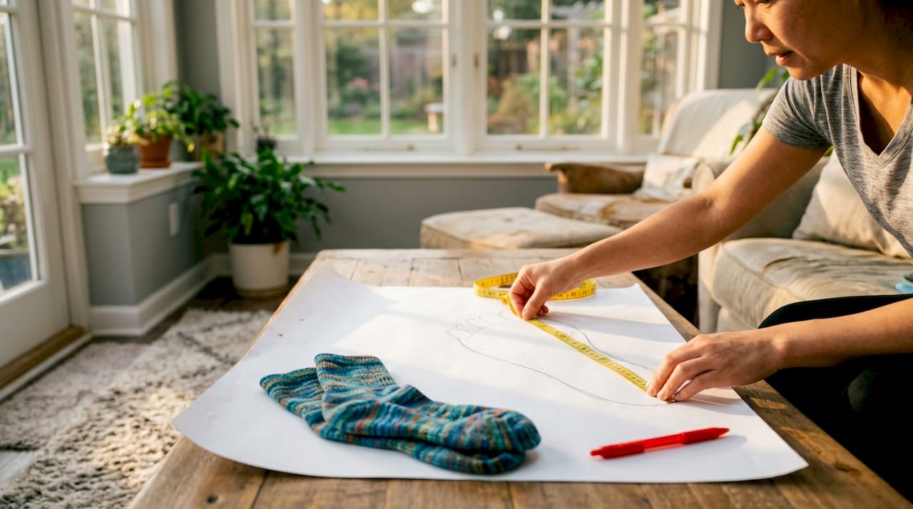 Hands measuring foot tracing with socks nearby
