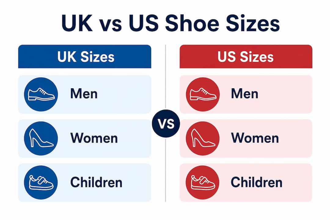 Infographic comparing UK and US shoe sizes for men, women, children