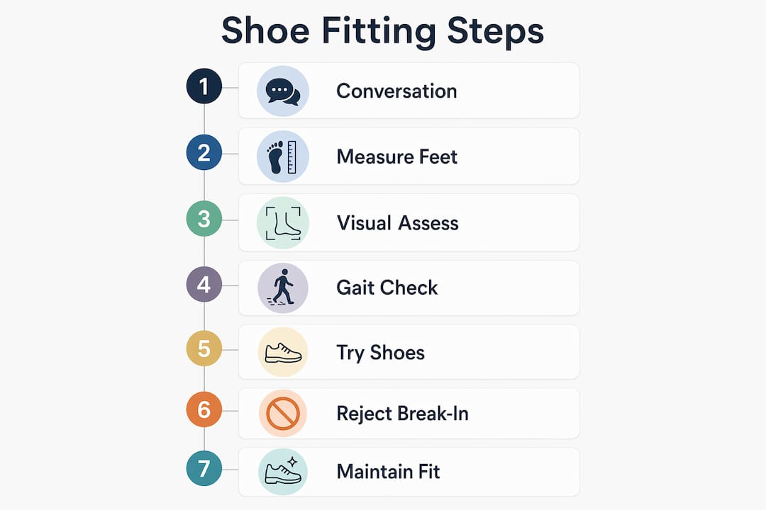 Infographic showing 7-step shoe fitting workflow