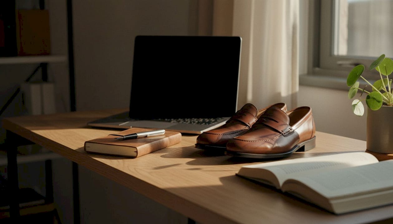 Polished loafers on office desk scene