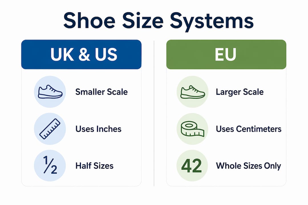 Infographic comparing UK, US, and EU shoe size systems