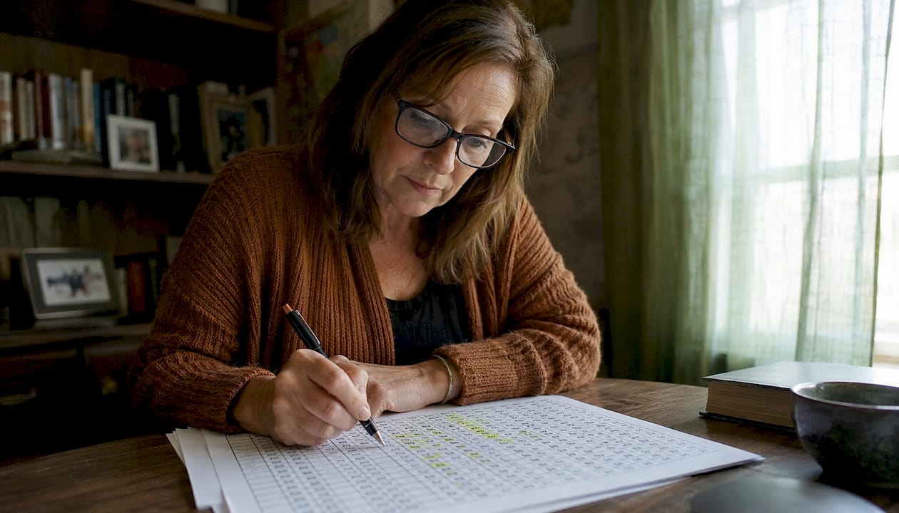 Woman reading shoe size conversion chart at table