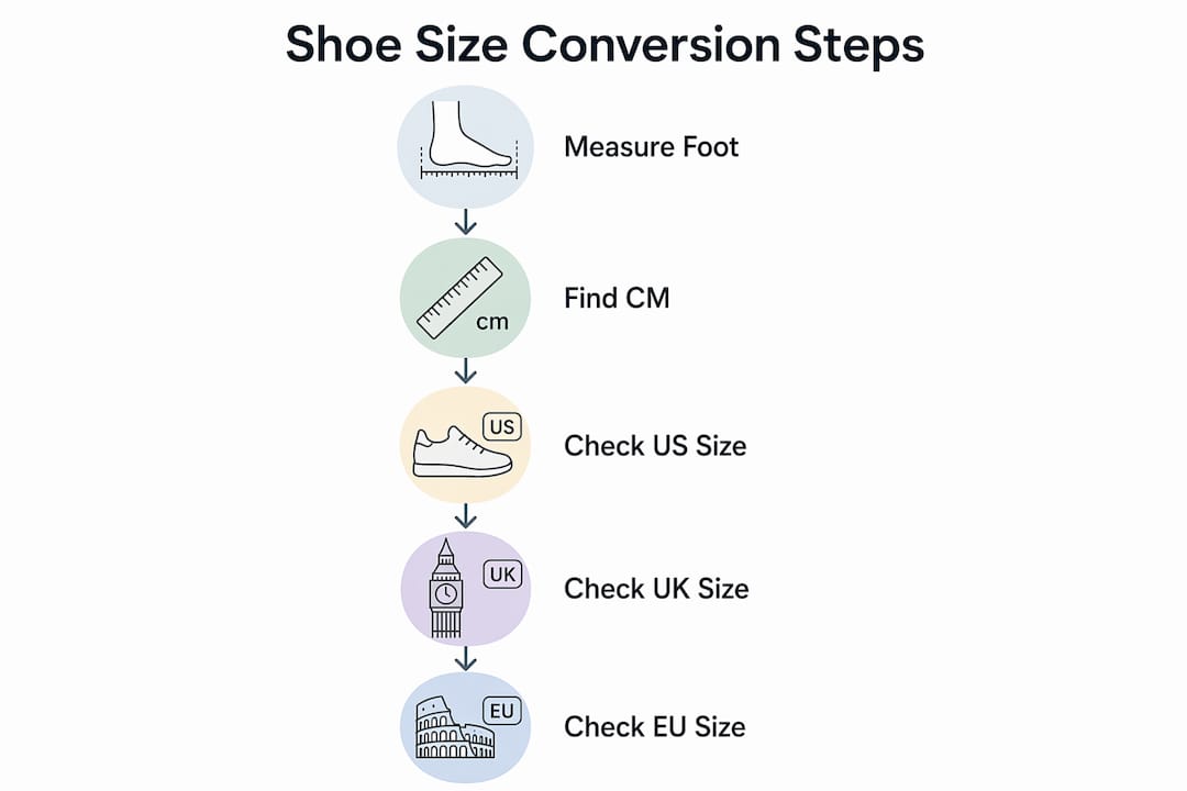 Infographic showing step-by-step shoe size conversion process