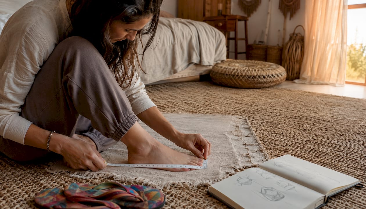 Woman measuring foot length at home