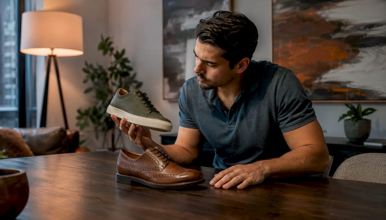 Man comparing two different shoe brands' sizes