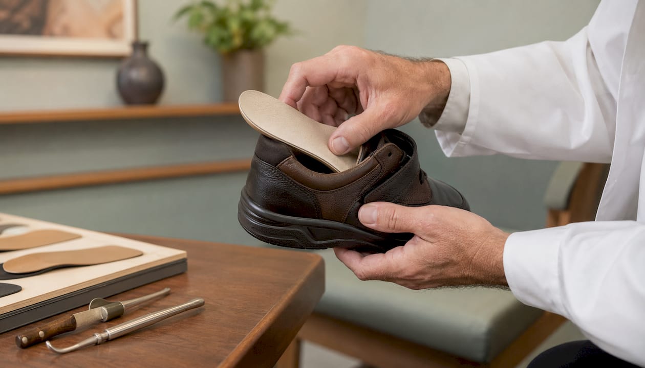 Hands placing foot orthotic inside orthopedic shoe