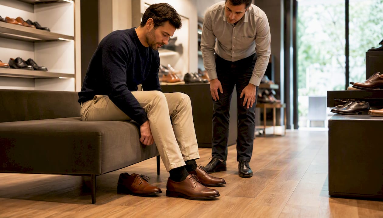 Man fitting wide width dress shoes in store