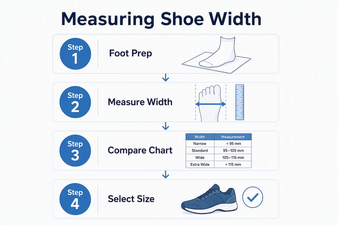 Infographic showing steps for measuring and matching shoe width